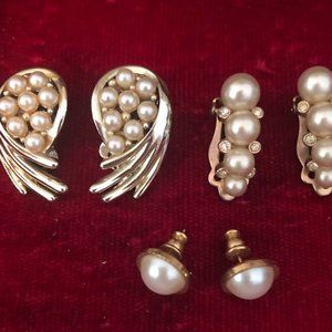 SOLD 3 VINTAGE clip-on & pierced-ear Gold Tone & Faux PEARL Rhinestone EARRINGS